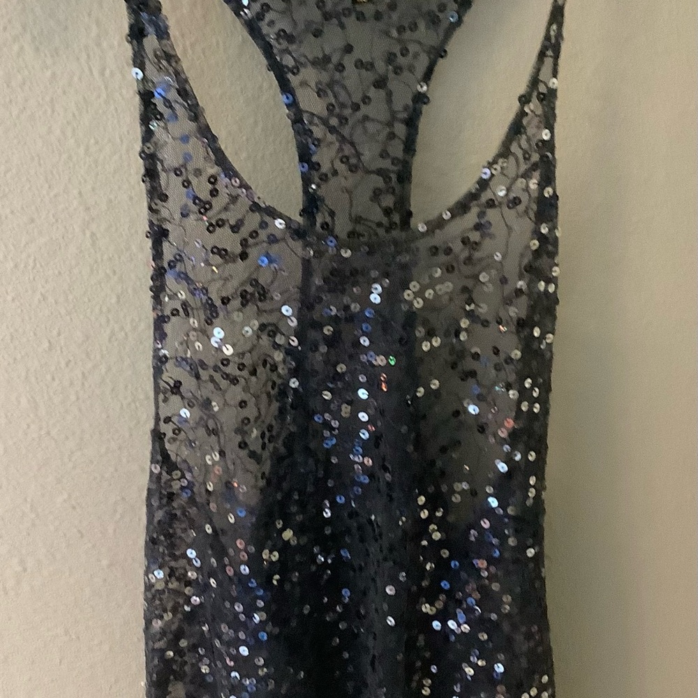 LaRok Navy Blue Sheer Sequin Tank Top